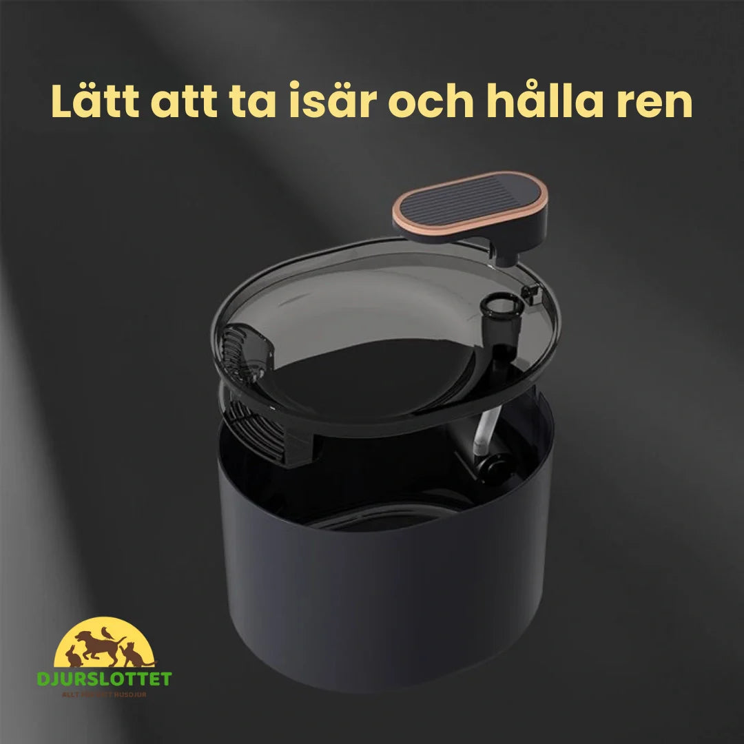 Hund dricker från automatisk vattenfontän 3L. Fräscht, cirkulerande vatten uppmuntrar intag.