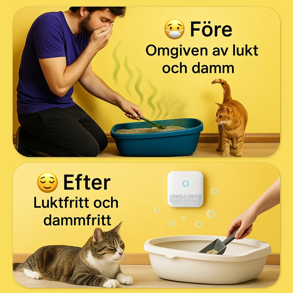 Kompakt luftrenare för kattlådan. Eliminerar odör och ger ren luft för kattägare.