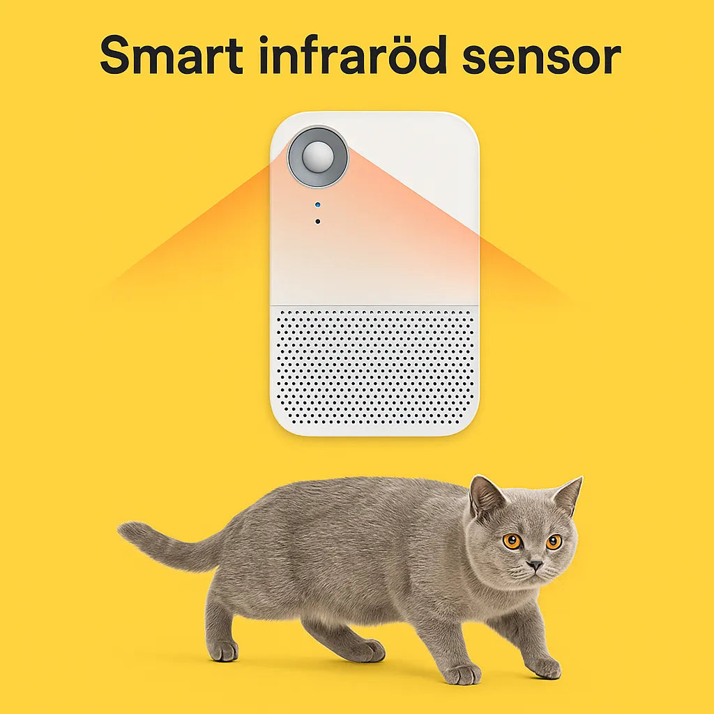 Innovativ luftrenare för kattlådor. Tar bort odörer och skapar en hälsosammare miljö.