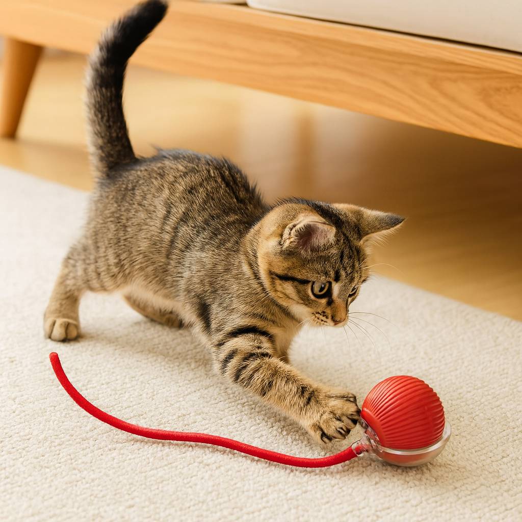 Elektrisk rullbollskattleksak för kattungar och vuxna katter, främjar lek och aktivering för husdjuret.