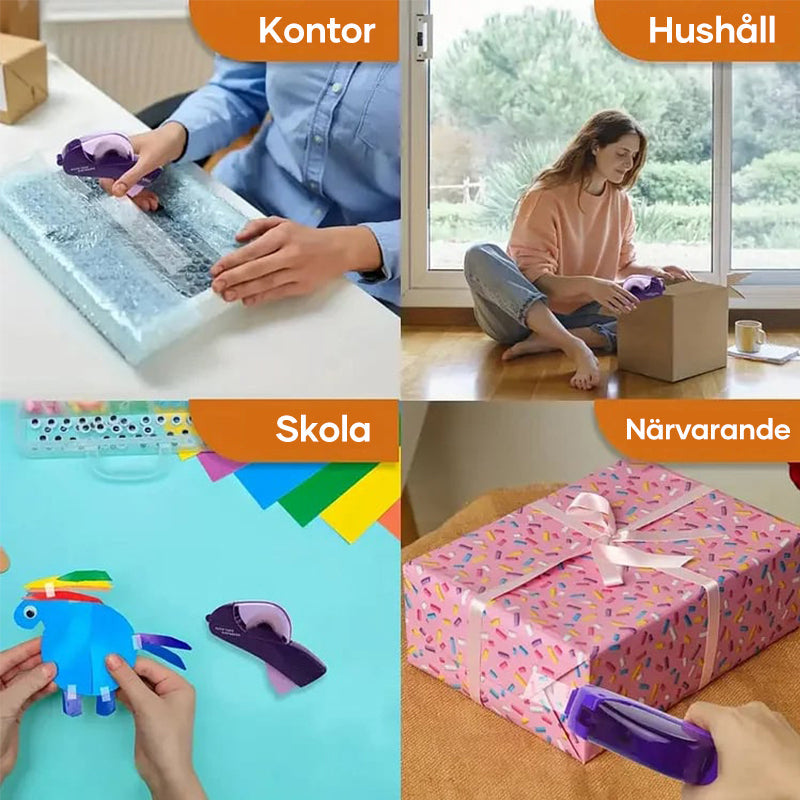 "Automatisk tejphållare med enhandsmanövrering, lila plast, visar inmatning av tejp för hem och kontor."
