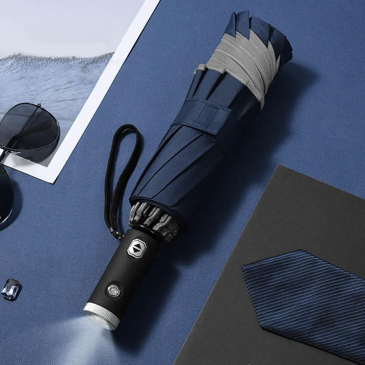 "Automatiskt fällbart paraply med LED, reflexrand, svart design, säkerhet och stil i regn och mörker, accessoar"