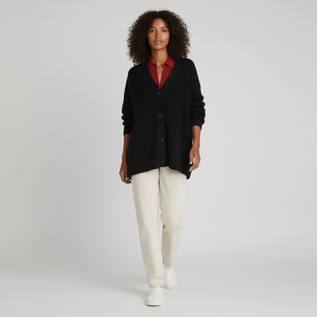 Stilren Hannah cardigan med knappslå, utmärkt för lager på lager under svala dagar.