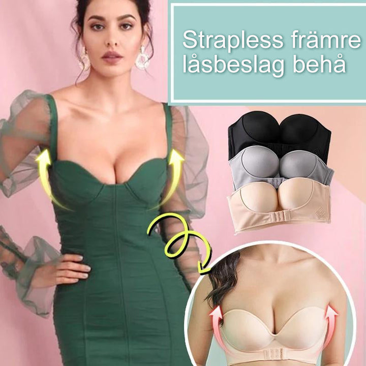 Axelbandslös BH för dam med frontknäppning i beige, formande stöd och antihalkdesign.