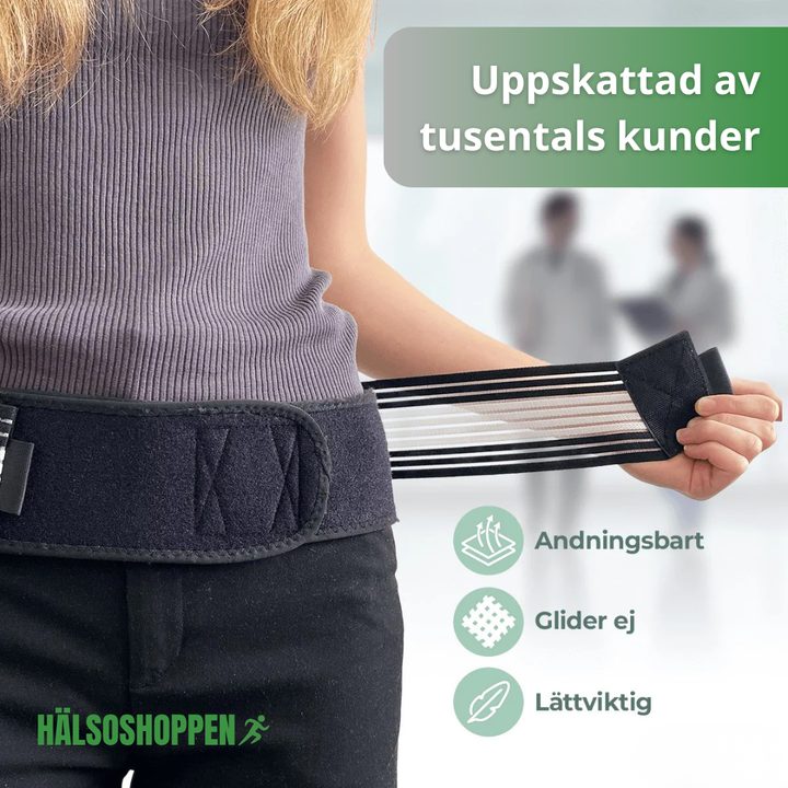 Justerbart bäckenbälte för ryggstöd. Ger stabilitet och minskar smärta, perfekt för en aktiv livsstil.