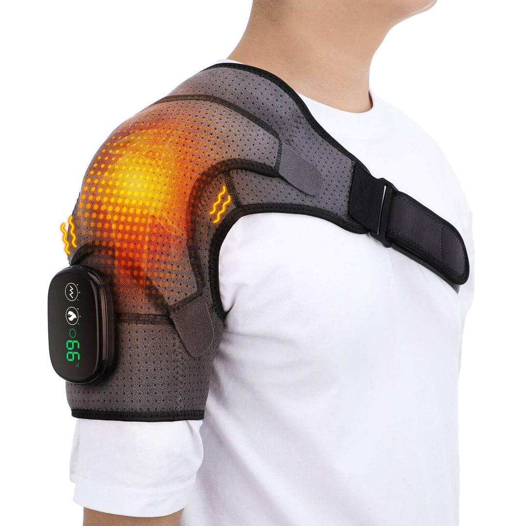 Bärbar axel- och nackmassageapparat med värmeterapi och vibration. Idealisk för smärtlindring & avslappning.