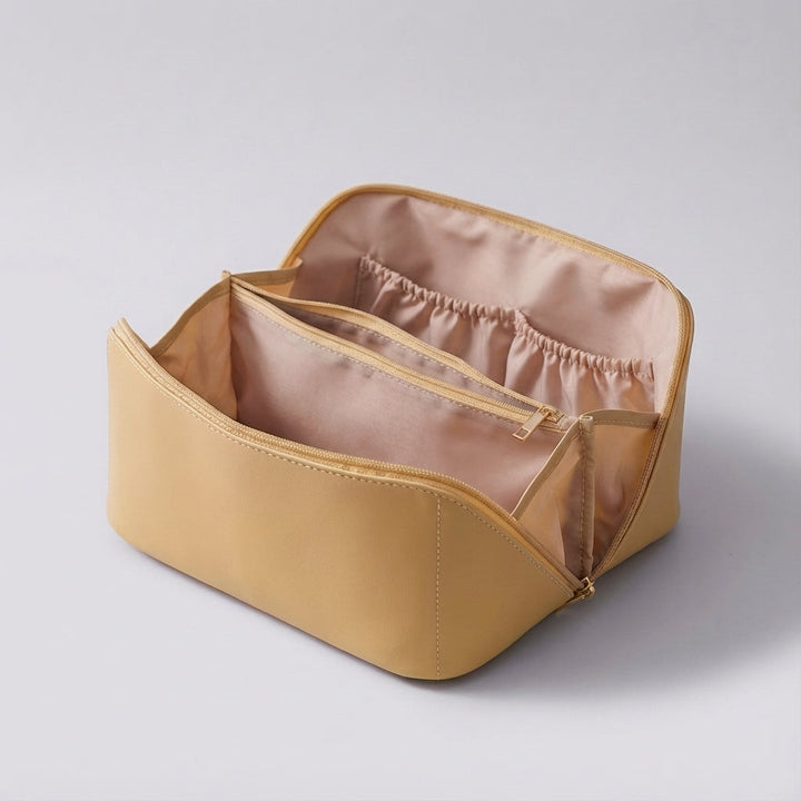 Konstläder sminkorganiserare som säkert förvarar dina skönhetsprodukter, perfekt för daglig användning och resor.