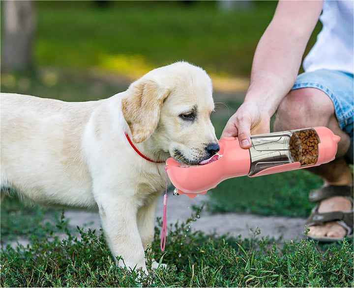 Bärbar vattenflaska för hund med matskål & påshållare. Perfekt för promenader & resor.