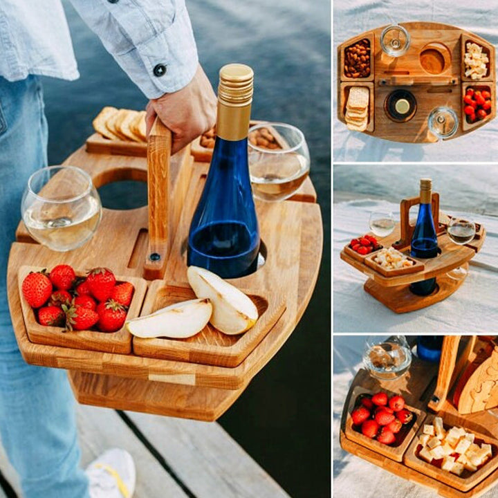 Presenttips: Bärbart vinbord, perfekt för festtillbehör eller en mysig utekväll. Praktiskt picknickbord.