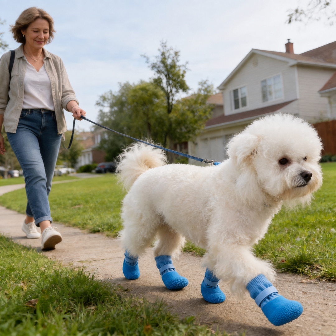 Kvinna går på promenad med en vit hund som bär blå Trakton hundskor