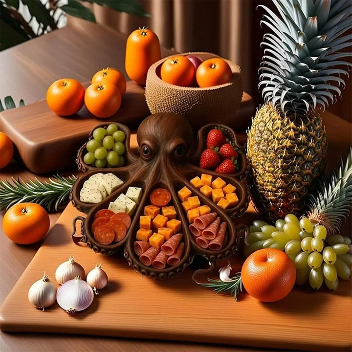 Bläckfiskserveringsbricka omgiven av färsk frukt och ananas