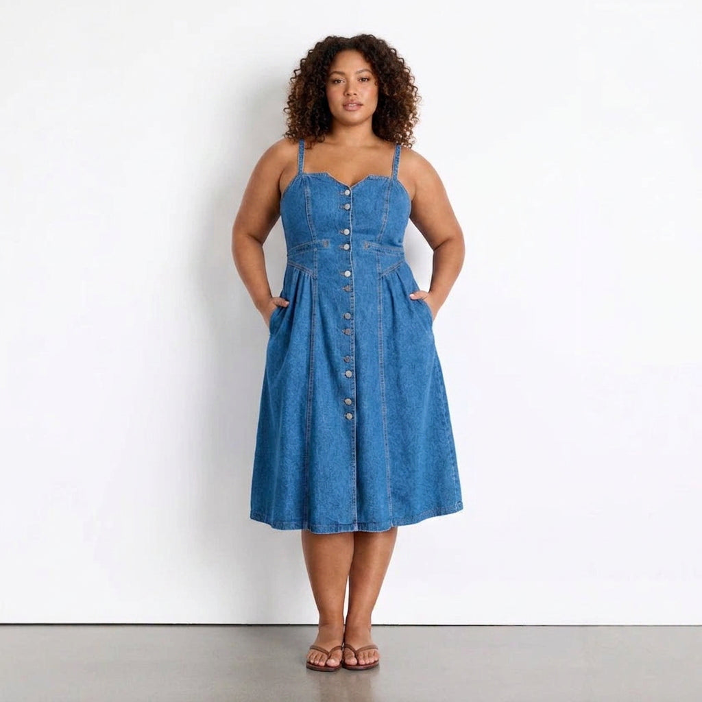 Modell i blå denim midi-klänning framifrån