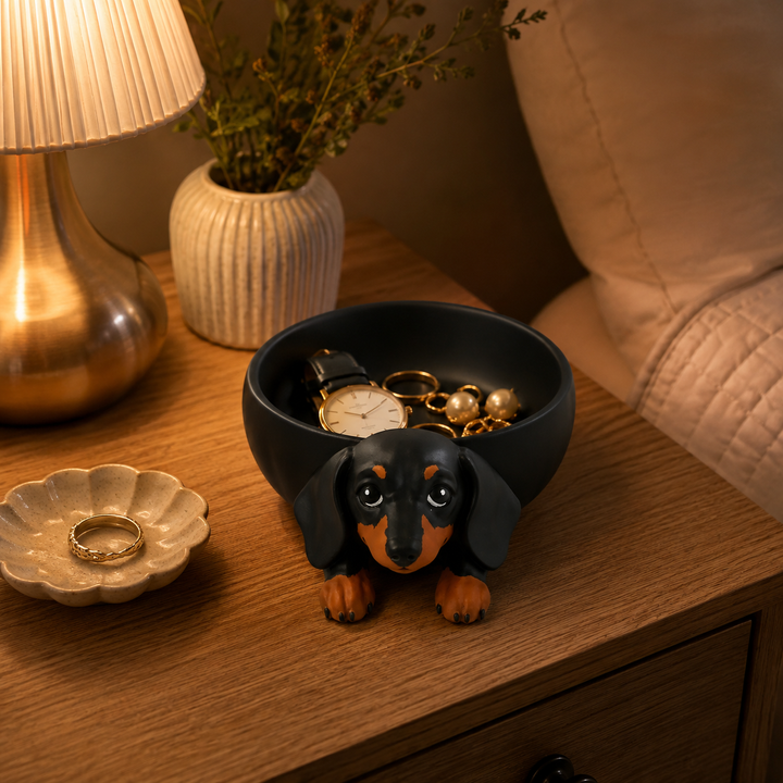 Heminredning i form av en dekorativ skulptur med hund för nycklar och småsak