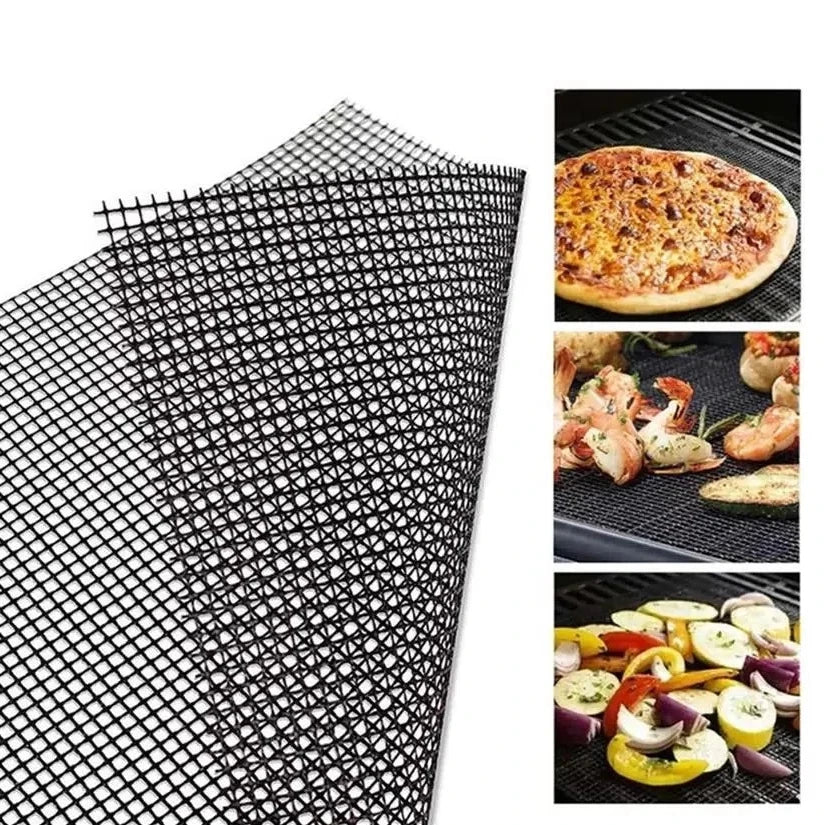Svart grillmatta i nät med exempel på tillagad pizza och grönsaker