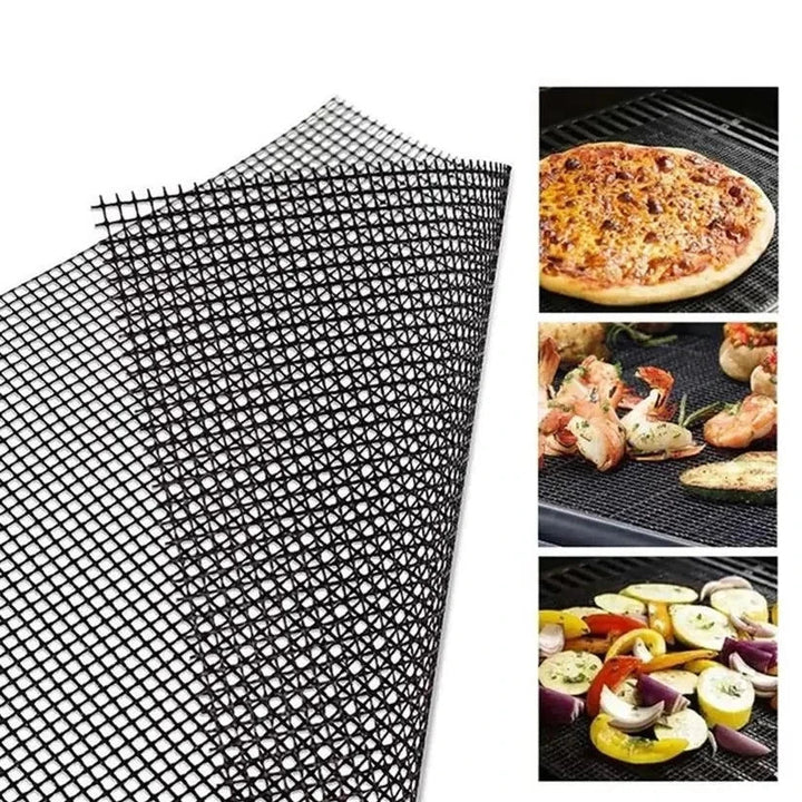 Svart grillmatta i nät med exempel på tillagad pizza och grönsaker