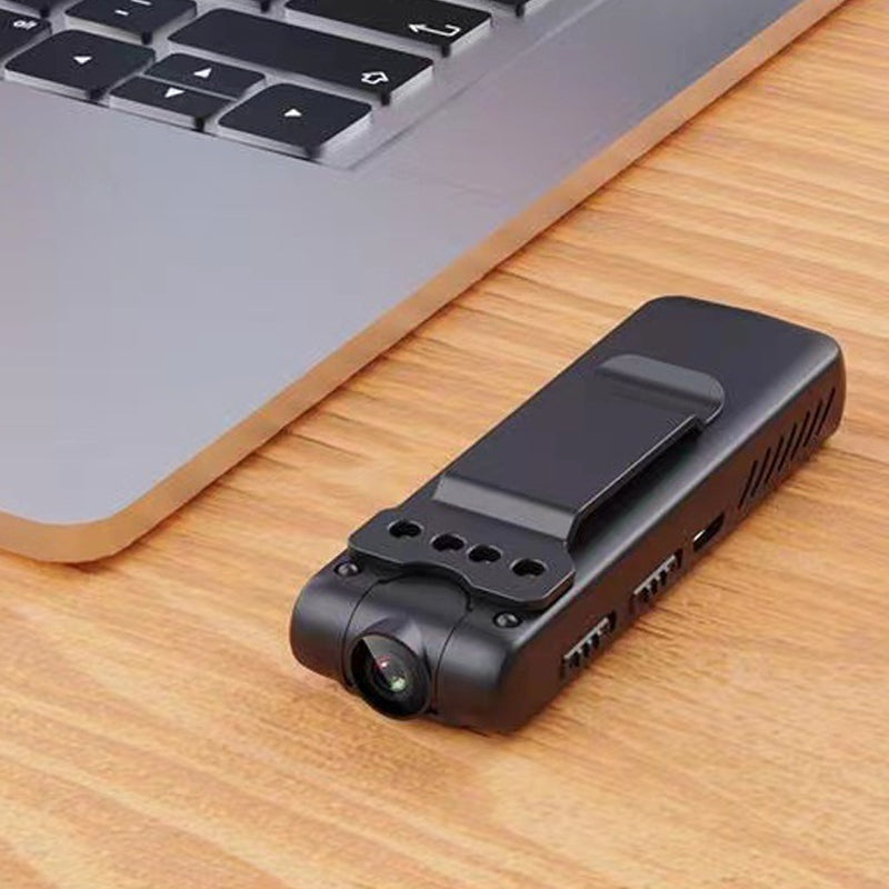 "Bärbar 1080P videoinspelare med mörkerseende, kompakt svart design, 90° roterbar lins för flexibel filmning."