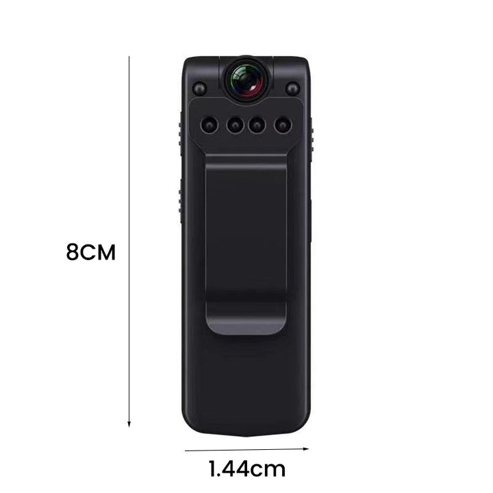 "Bärbar 1080P videoinspelare med mörkerseende, kompakt svart design, 90° roterbar lins för flexibel filmning."