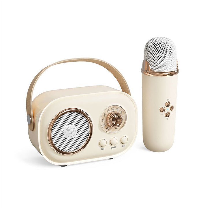 Bärbar Bluetooth-högtalare för barn med trådlös mikrofon, kompakt design, perfekt för karaoke och musikupplevelser.
