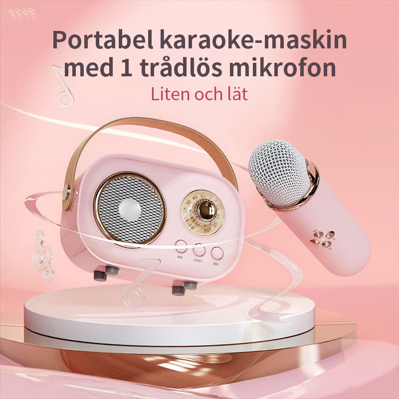 Bärbar Bluetooth-högtalare för barn med trådlös mikrofon, kompakt design, perfekt för karaoke och musikupplevelser.