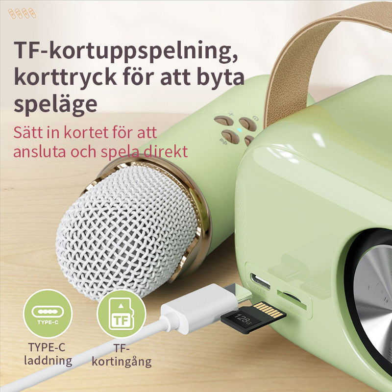 Bärbar Bluetooth-högtalare för barn med trådlös mikrofon, kompakt design, perfekt för karaoke och musikupplevelser.