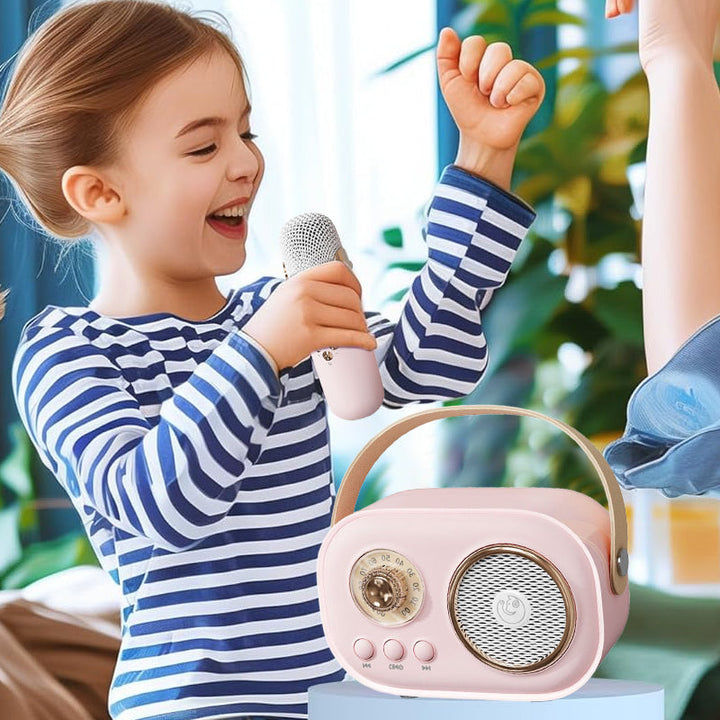 Bärbar Bluetooth-högtalare för barn med trådlös mikrofon, kompakt design, perfekt för karaoke och musikupplevelser.