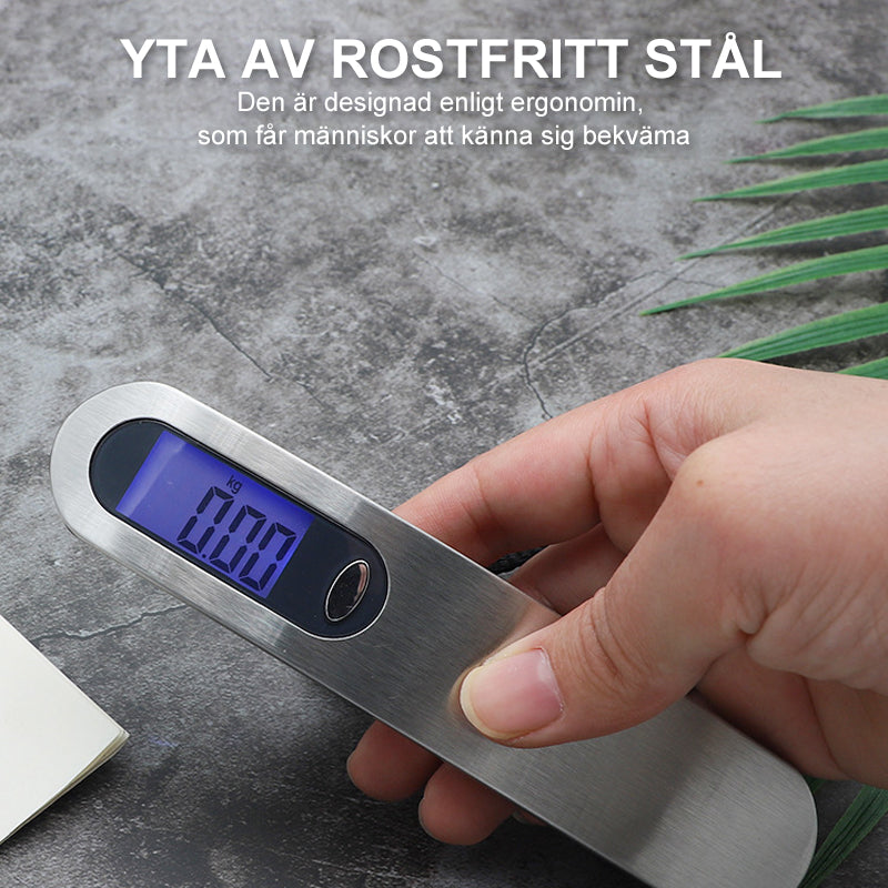 Bärbar elektronisk våg i rostfritt stål, kompakt och hållbar, visar vikt digitalt för fiske och resor.
