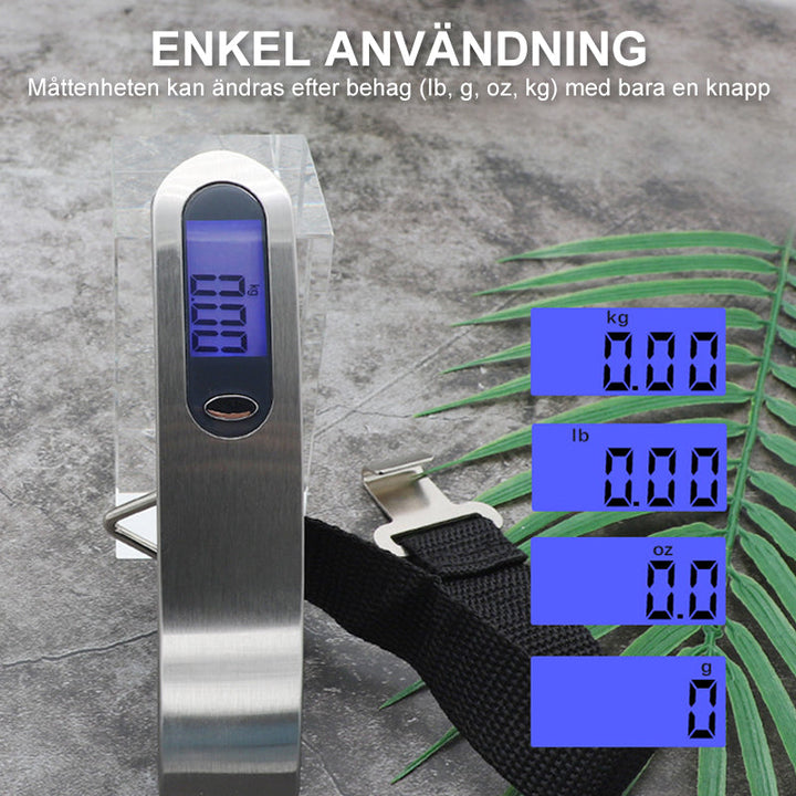 Bärbar elektronisk våg i rostfritt stål, kompakt och hållbar, visar vikt digitalt för fiske och resor.