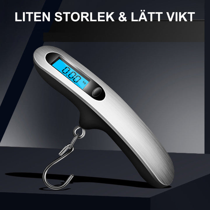 Bärbar elektronisk våg i rostfritt stål, kompakt och hållbar, visar vikt digitalt för fiske och resor.