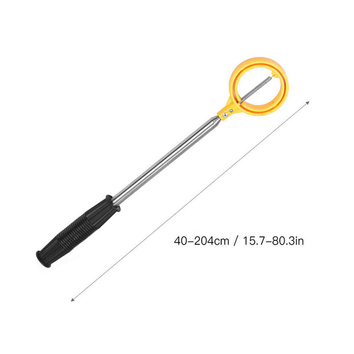 "Bärbar golfbollfångare i rostfritt stål med ergonomiskt handtag och fjäderutlösning, kompakt och lätt att bära."