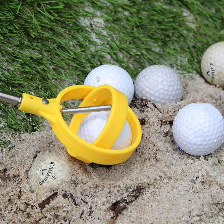 "Bärbar golfbollfångare i rostfritt stål med ergonomiskt handtag och fjäderutlösning, kompakt och lätt att bära."