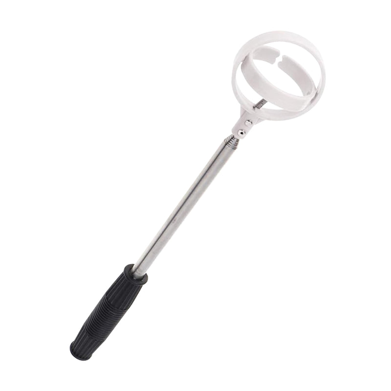 "Bärbar golfbollfångare i rostfritt stål med ergonomiskt handtag och fjäderutlösning, kompakt och lätt att bära."