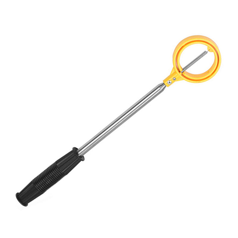 "Bärbar golfbollfångare i rostfritt stål med ergonomiskt handtag och fjäderutlösning, kompakt och lätt att bära."