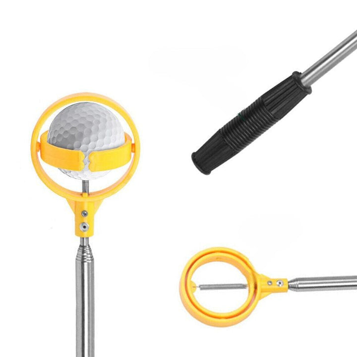 "Bärbar golfbollfångare i rostfritt stål med ergonomiskt handtag och fjäderutlösning, kompakt och lätt att bära."