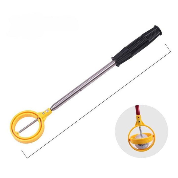 "Bärbar golfbollfångare i rostfritt stål med ergonomiskt handtag och fjäderutlösning, kompakt och lätt att bära."