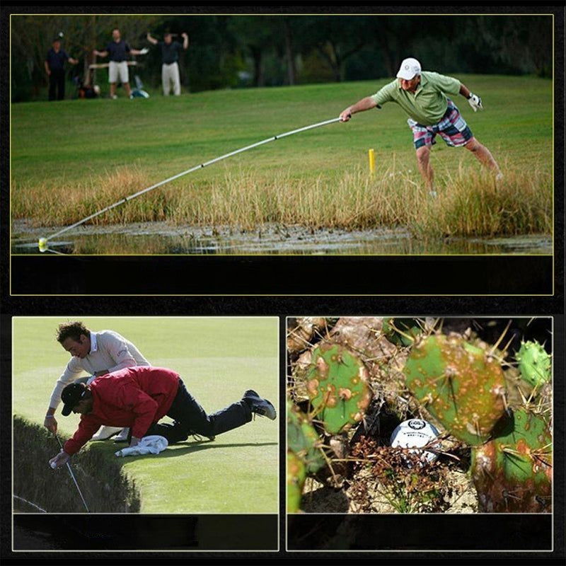 "Bärbar golfbollfångare i rostfritt stål med ergonomiskt handtag och fjäderutlösning, kompakt och lätt att bära."
