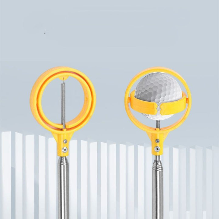 "Bärbar golfbollfångare i rostfritt stål med ergonomiskt handtag och fjäderutlösning, kompakt och lätt att bära."