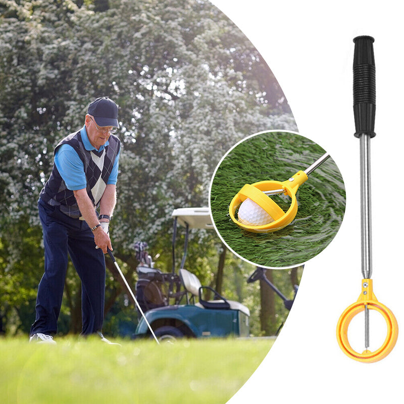 "Bärbar golfbollfångare i rostfritt stål med ergonomiskt handtag och fjäderutlösning, kompakt och lätt att bära."