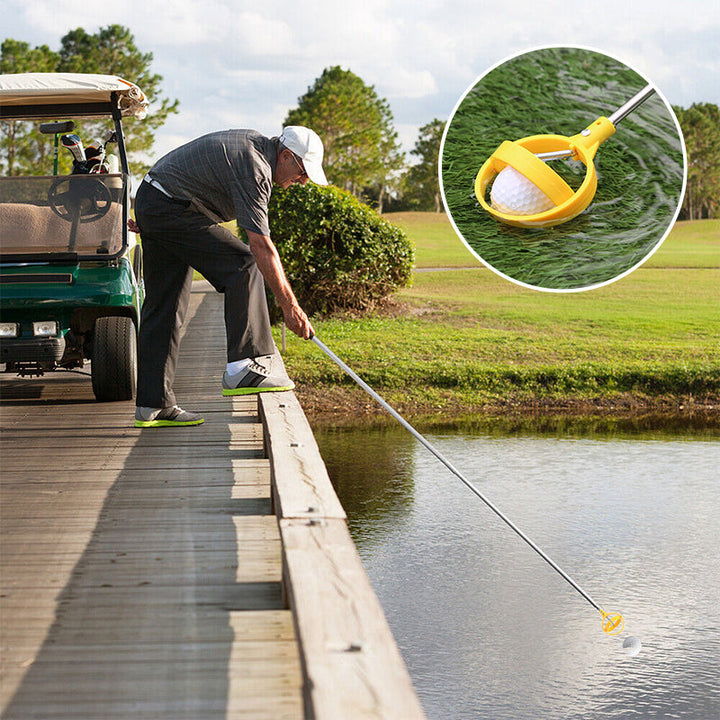 "Bärbar golfbollfångare i rostfritt stål med ergonomiskt handtag och fjäderutlösning, kompakt och lätt att bära."