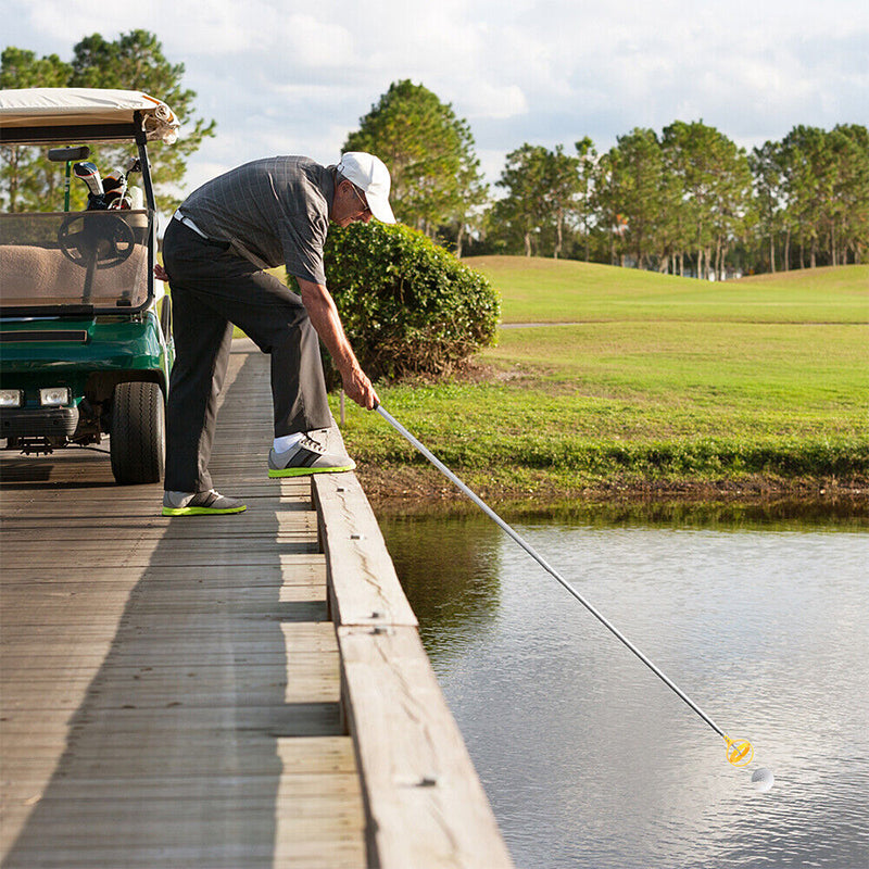 "Bärbar golfbollfångare i rostfritt stål med ergonomiskt handtag och fjäderutlösning, kompakt och lätt att bära."