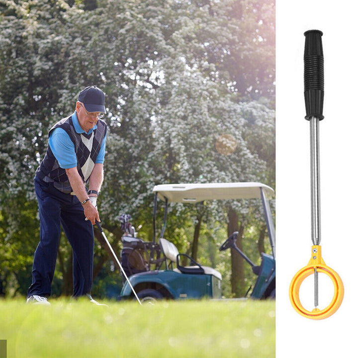 "Bärbar golfbollfångare i rostfritt stål med ergonomiskt handtag och fjäderutlösning, kompakt och lätt att bära."