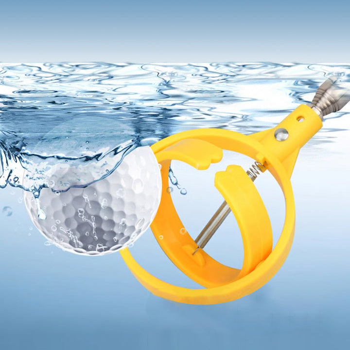 "Bärbar golfbollfångare i rostfritt stål med ergonomiskt handtag och fjäderutlösning, kompakt och lätt att bära."