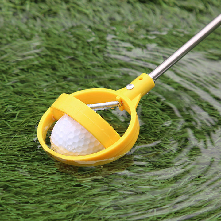 "Bärbar golfbollfångare i rostfritt stål med ergonomiskt handtag och fjäderutlösning, kompakt och lätt att bära."