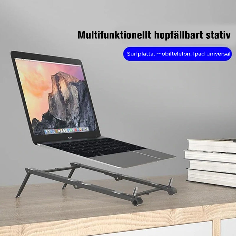 Bärbar hållare i aluminium, 3-i-1, för surfplatta och telefon. Svart och vit, kompakt och kompatibel design.