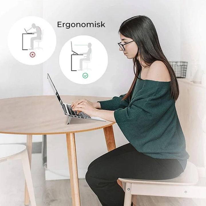 Bärbar hållare i aluminium, 3-i-1, för surfplatta och telefon. Svart och vit, kompakt och kompatibel design.