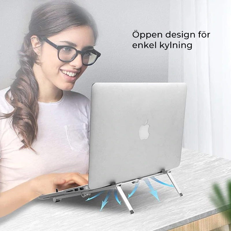 Bärbar hållare i aluminium, 3-i-1, för surfplatta och telefon. Svart och vit, kompakt och kompatibel design.