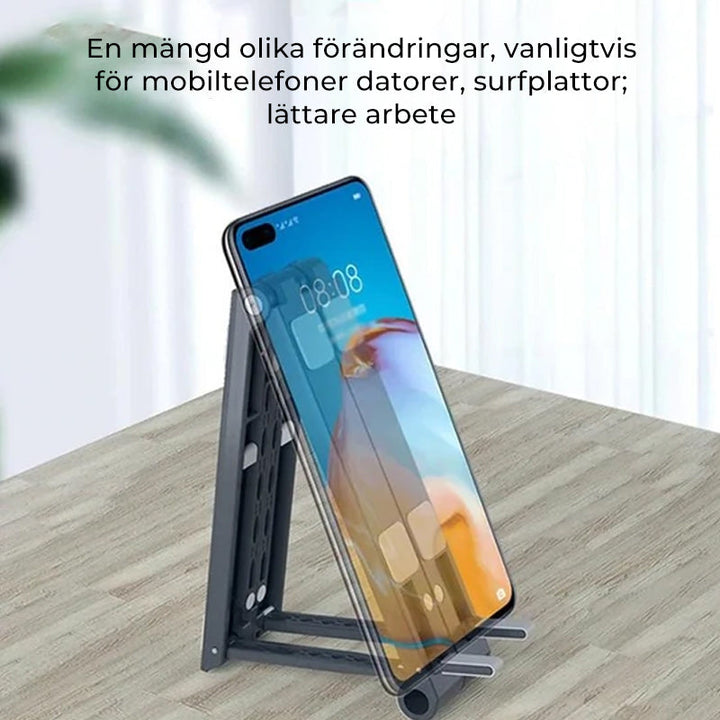 Bärbar hållare i aluminium, 3-i-1, för surfplatta och telefon. Svart och vit, kompakt och kompatibel design.
