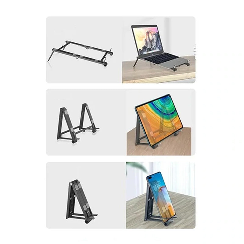 Bärbar hållare i aluminium, 3-i-1, för surfplatta och telefon. Svart och vit, kompakt och kompatibel design.