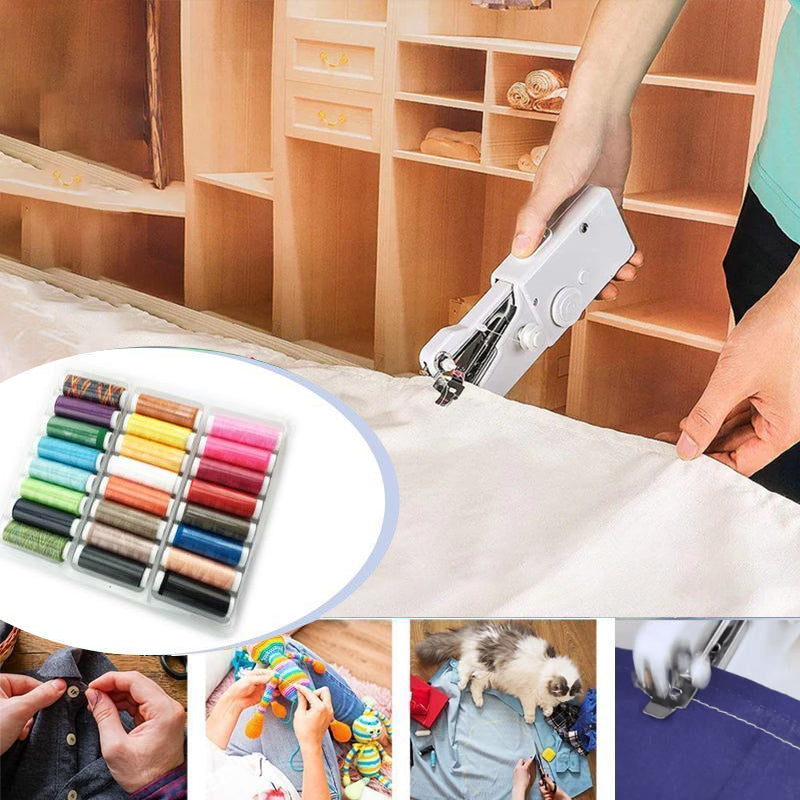 "Bärbar handhållen symaskin i kompakt form, vit och blå färg, perfekt för DIY-sömnad och textilprojekt."