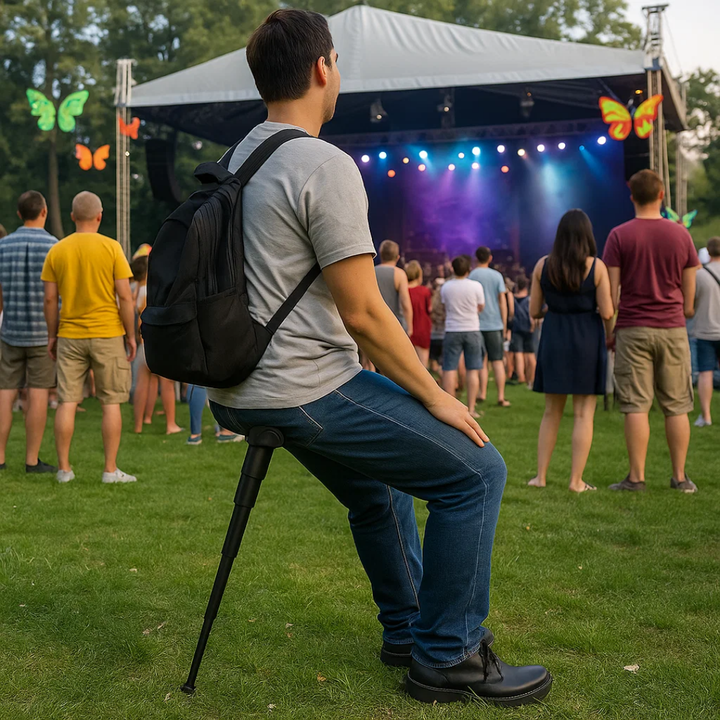 Person som vilar på en hopfällbar ministol under en konsert utomhus