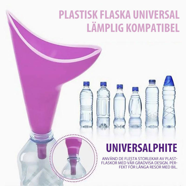 Bärbar kisstratt i lila monterad på en plastflaska för universell användning vid bilresor